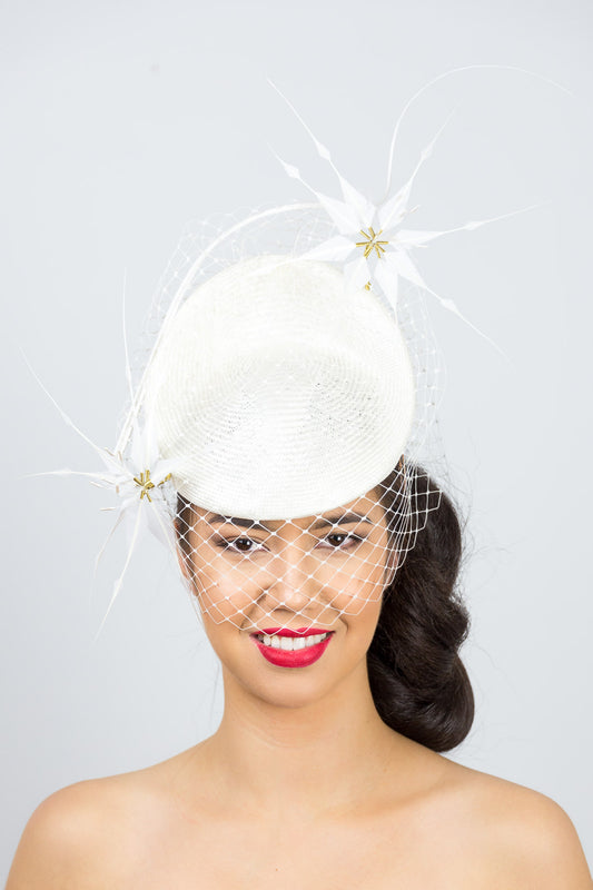 ELLA- Ivory small platter with white feather flowers and veiling