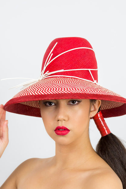 EMILY- a red and cream tall crown hat with a wide Dior brim 