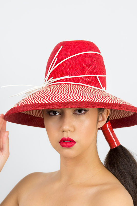 EMILY- a red and cream tall crown hat with a wide Dior brim 