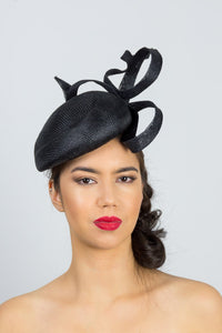 EMMA- gorgeous black straw beret with sinamay swirl