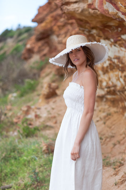 Raffia and Blue Canvas Bucket Sun Hat by Felicity Northeast Millinery 