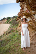 Load image into Gallery viewer, Fringed, white organic canvas and  natural straw sunhat by Felicity Northeast Millinery 