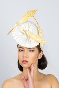 GEORGIA- a pleated straw headpiece with gold artisan feathers	