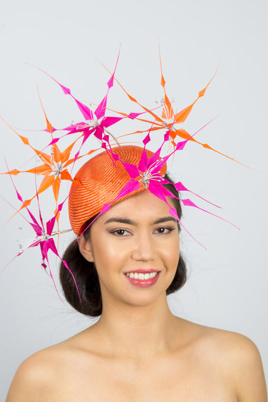 GRACE: Orange Beret with Hot Pink and Orange Feather Flowers