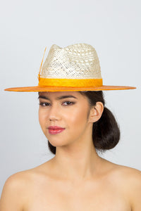 Golden Yellow and Cream Fedora, with mangoyellow band and feather trim by Felicity Northeast Millinery.JP