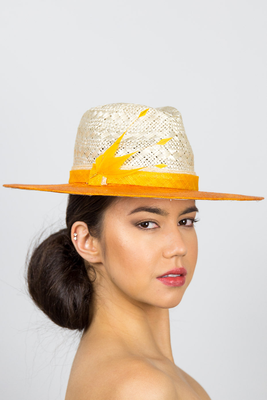Golden Yellow and Cream Fedora, side view by Felicity Northeast Millinery.JP