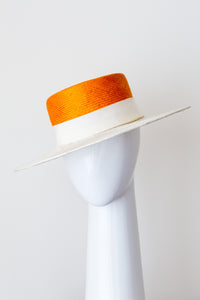 Golden and cream boater with ivory grosgrain ribbon band by Felicity Northeast Millinery