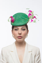 Load image into Gallery viewer, Green Raised Beret with Hot Pink &amp; Green Feathers by Felicity Northeast Millinery