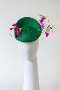 Green Raised Beret with Hot Pink & Green Feathers by Felicity Northeast Millinery