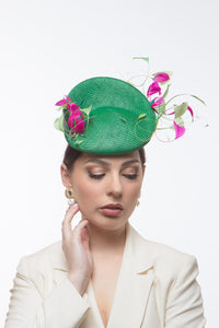 Green Raised Beret with Hot Pink & Green Feathers by Felicity Northeast Millinery