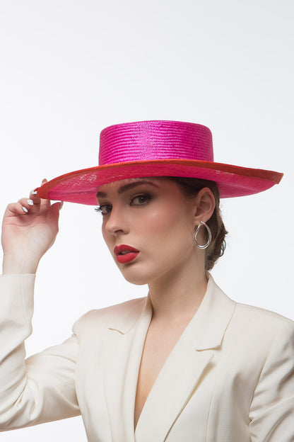 Hot Pink and Orange Boater by Felicity Northeast Millinery
