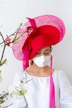 Load image into Gallery viewer, Hot Pink and Red Platter Hat With Bow with white silk mask by Felicity Northeast Millinery