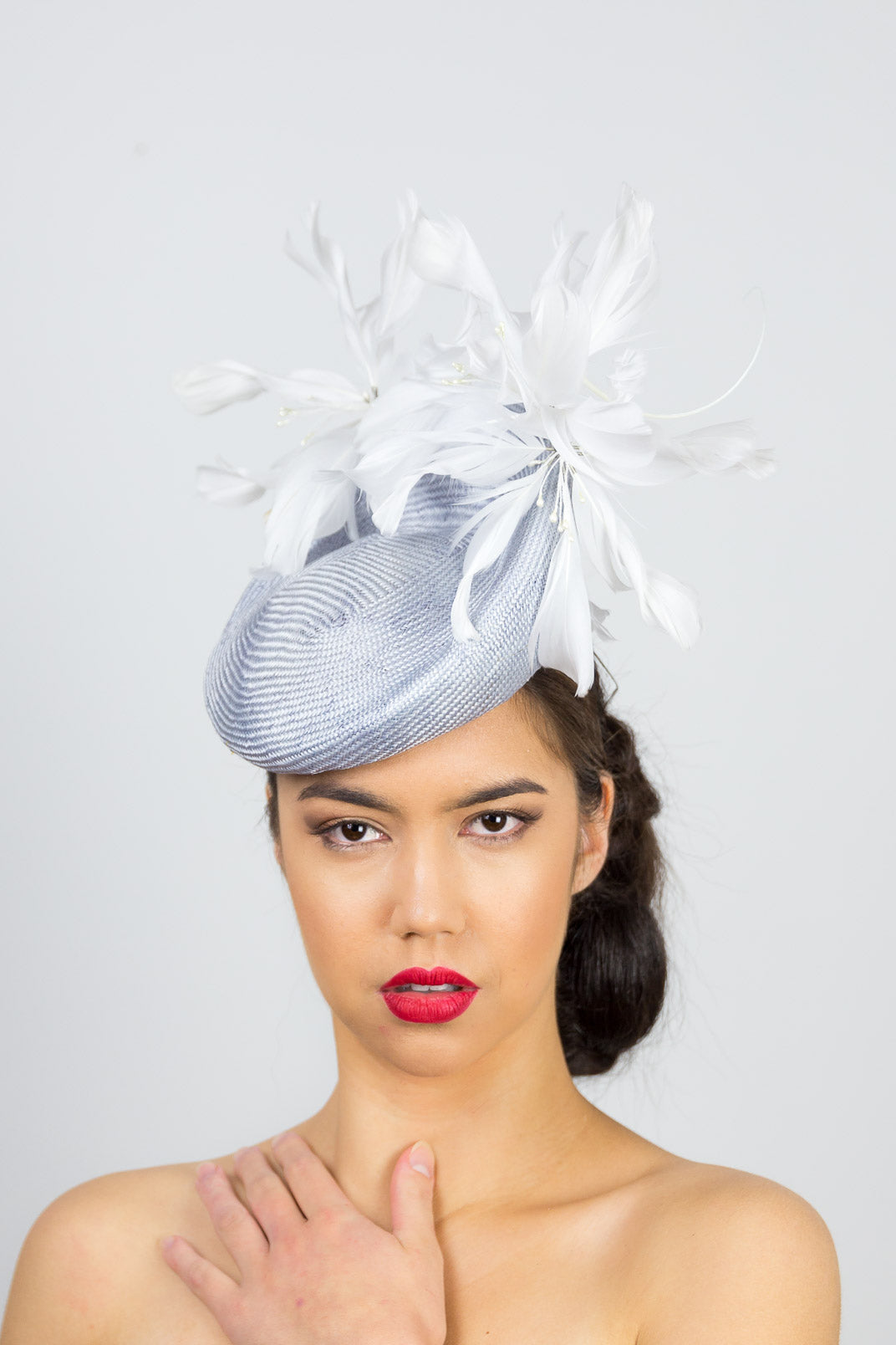 KATIE- Baby blue platter with soft white feather flowers
