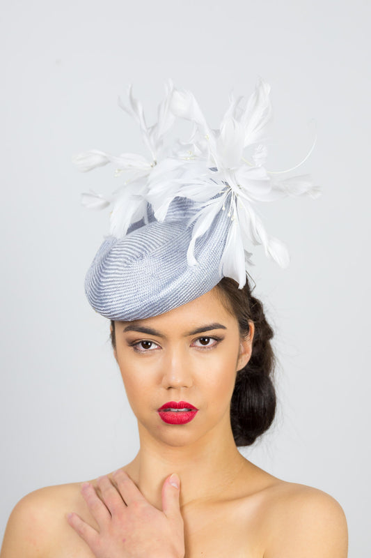 KATIE- Baby blue platter with soft white feather flowers
