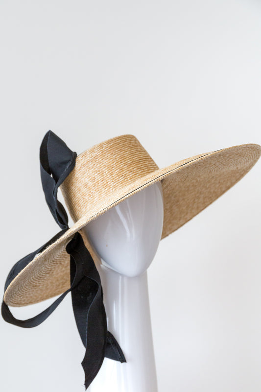 LUNA- Large fine straw braid hat with large black bow