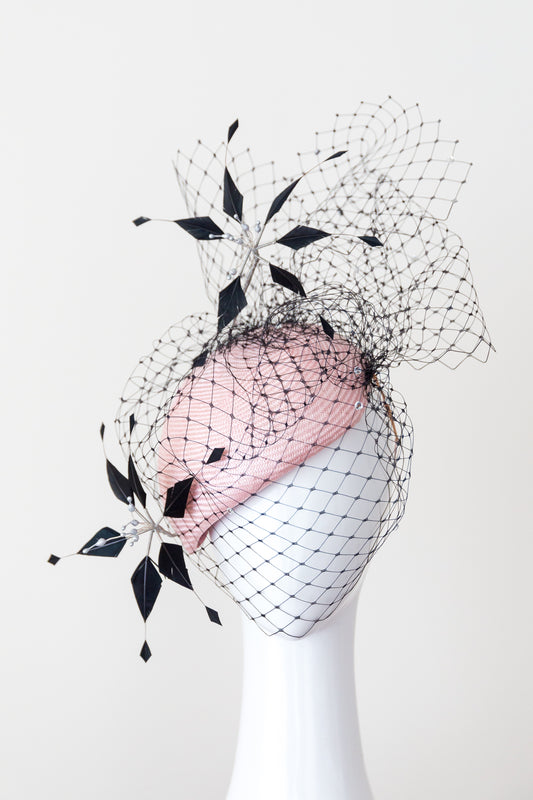 MIA-Side pink beret with black veiling and flowers	