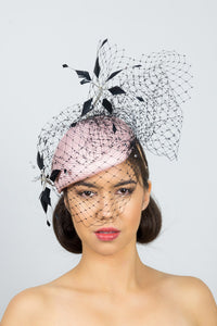 MIA-Side pink beret with black veiling and flowers	