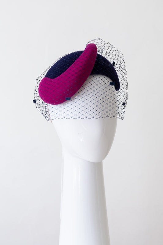 Navy and Pink Bandeau with Veiling by Felicity Northeast Millinery