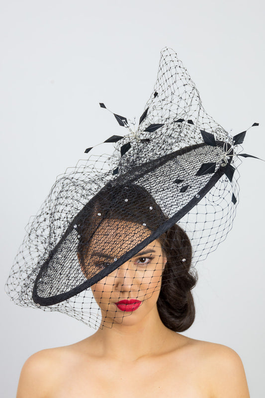 OLIVIA- Black platter style with diamante veiling and flowers		