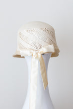 Load image into Gallery viewer, Panama straw cap with open weave , back view with silk satin ivory bow  by Felicity Northeast Millinery