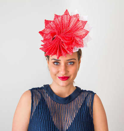 Orange and White Pleated Braid Headpiece by Felicity Northeast Millinery