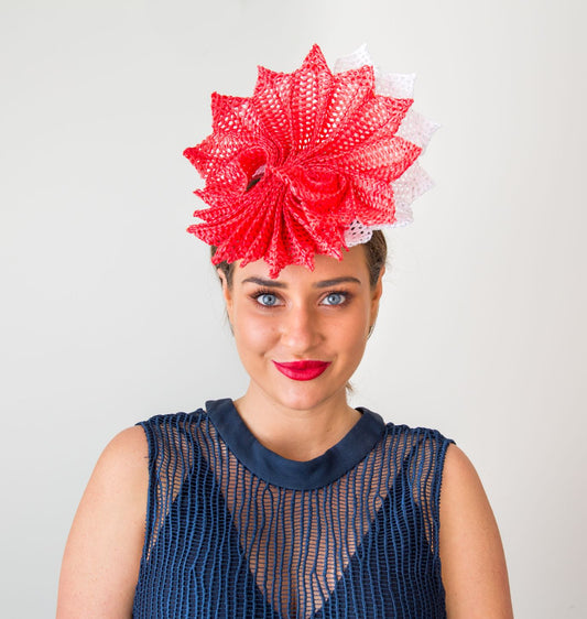 Orange and White Pleated Braid Headpiece by Felicity Northeast Millinery