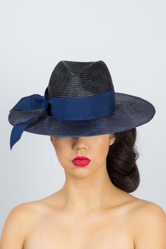 PHILLIPA- Black and navy wide brim fedora