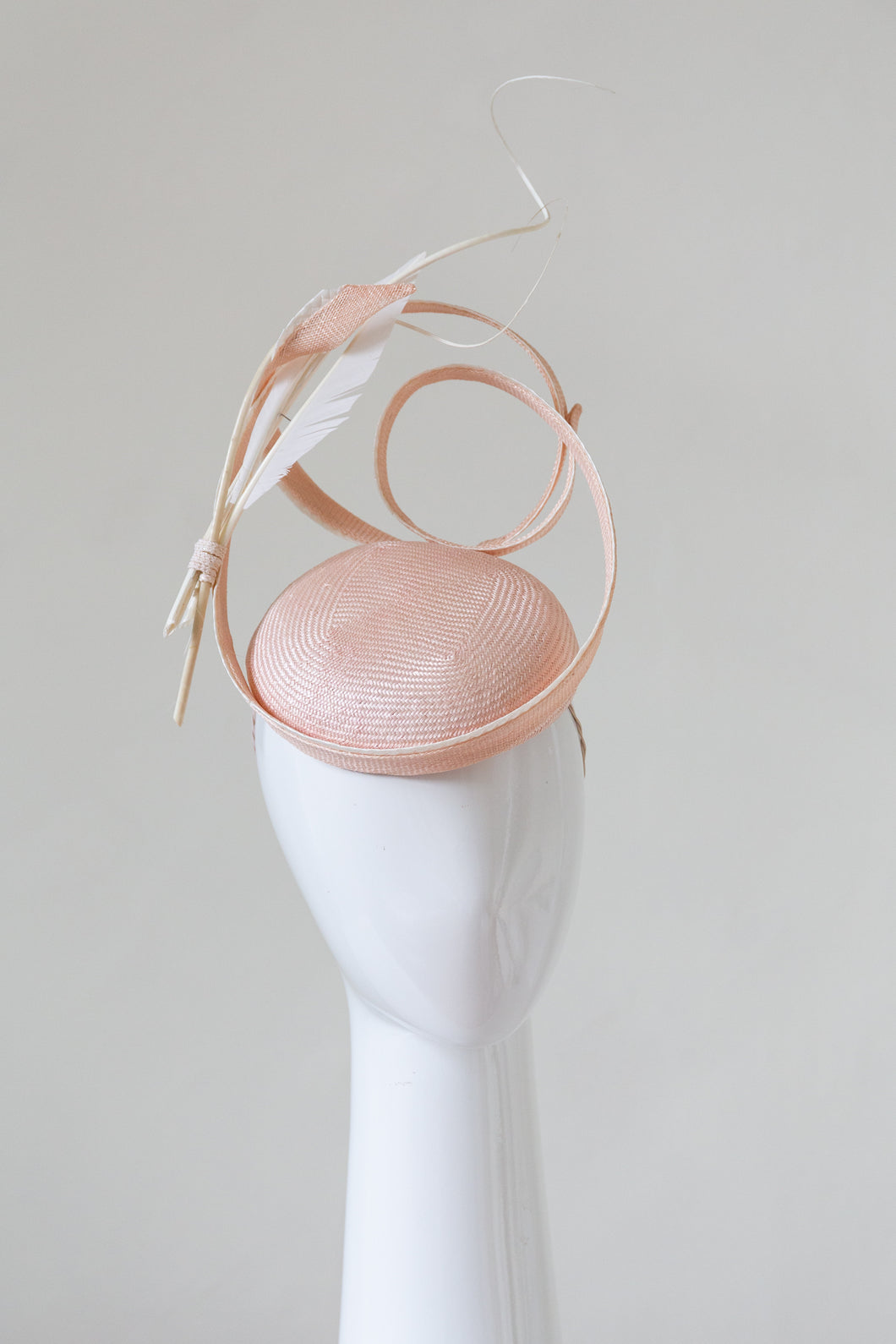 Pale Pink Beret with Sinamay Swirls and Feather