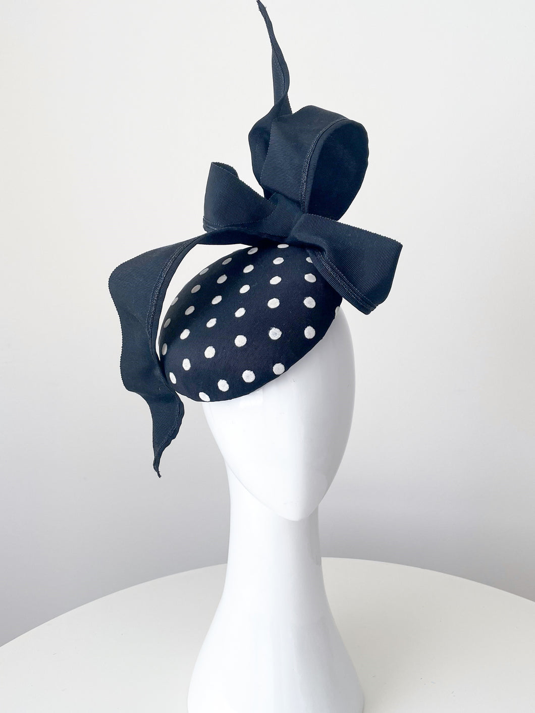 Polka Dot Cocktail Button Hat with Bow by Felicity Northeast Millinery