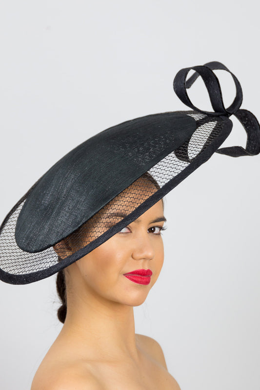 RUBY- black platter hat with structured veil and bow