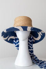 Load image into Gallery viewer, Raffia and Blue Canvas lined  Bucket Sun Hat with detachable scarf