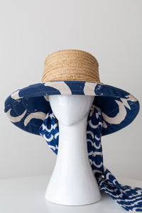 Raffia and Blue Canvas lined  Bucket Sun Hat with detachable scarf
