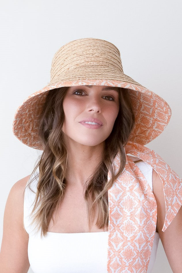 raffia and  orange and terracotta canvas bucket hat with scarf
