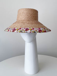 Raffia and Canvas Bucket Sun Hat in Floral Print by Felicity Northeast Millinery