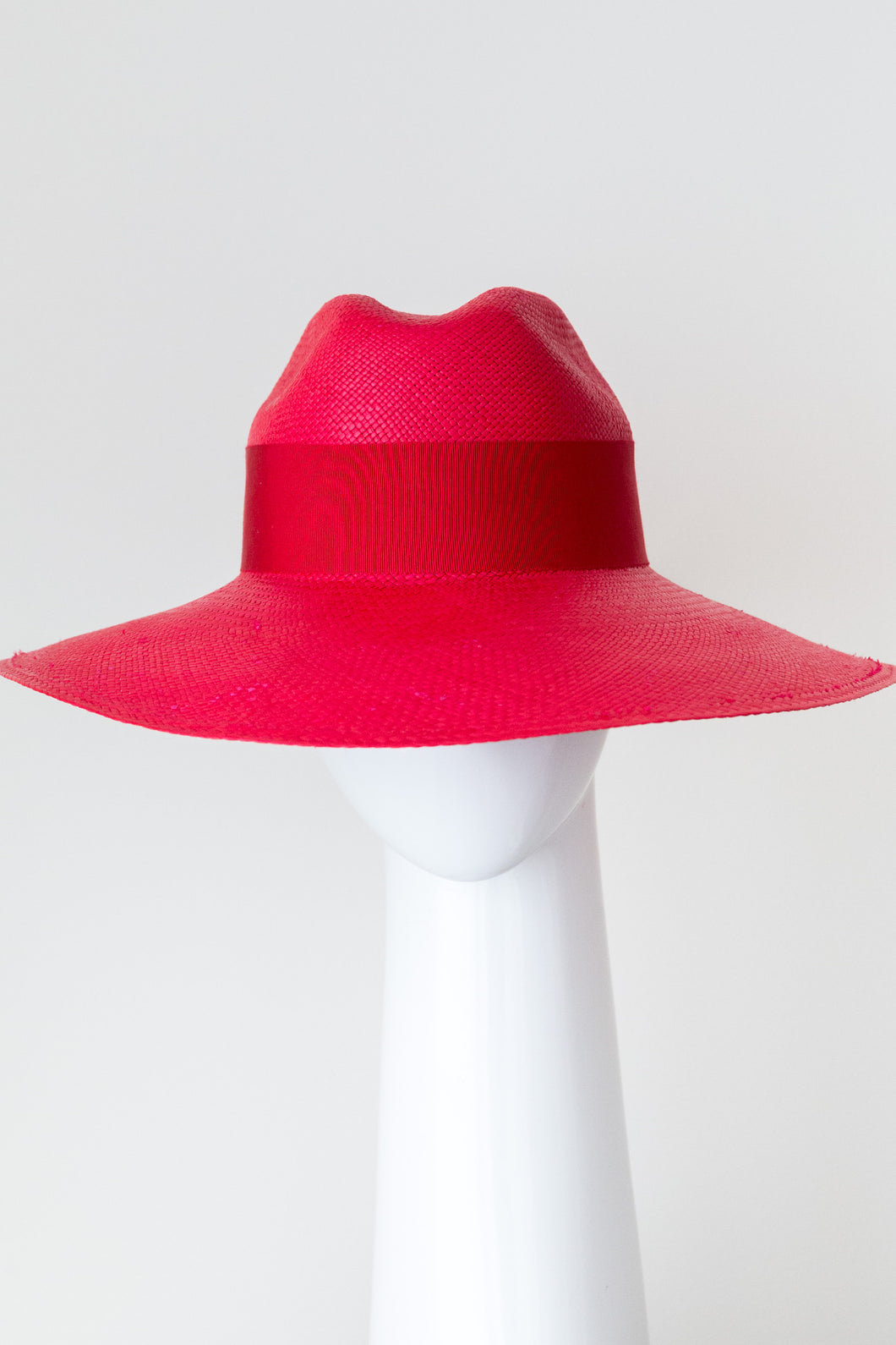 Red Panama Fedora with wide red ribbon trim