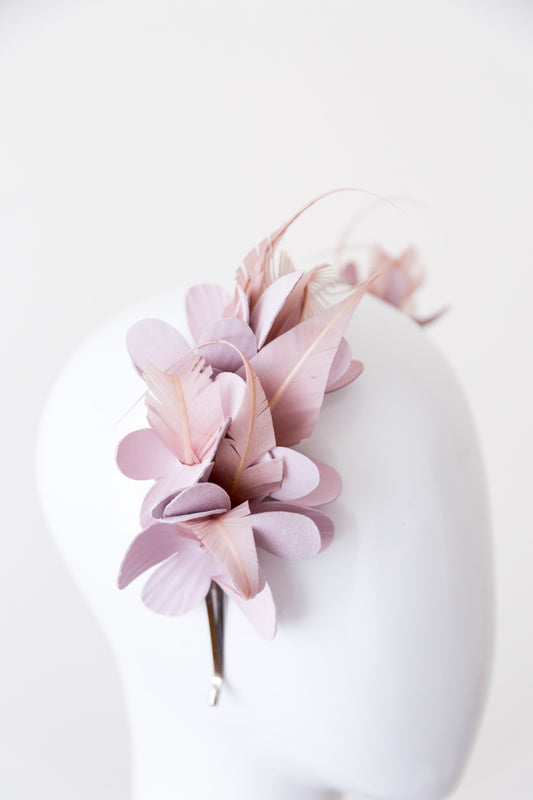 SAVANNAH-  leather flowers with pink feathers on a headband