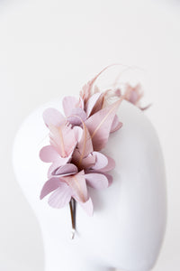 SAVANNAH-  leather flowers with pink feathers on a headband