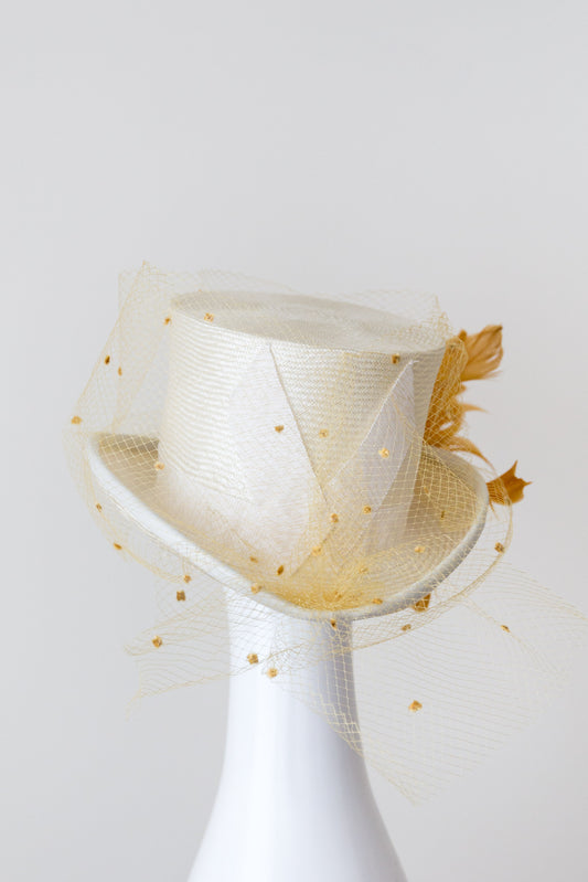 SIENNA-cream and mustard top hat with veiling and leather trim