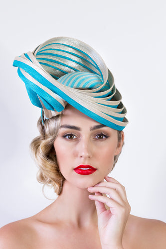 Spiral Platter hat in Blue and Gold By Felicity Northeast Millinery