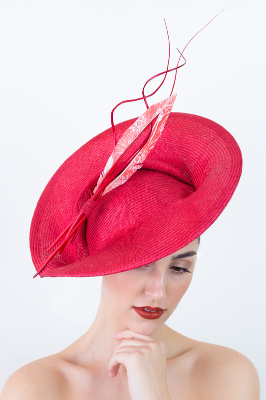 SAVORY SUMMER: Red Platter Hat with Feather by Felicity Northeast Millinery