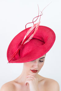 SAVORY SUMMER: Red Platter Hat with Feather by Felicity Northeast Millinery