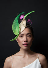 Load image into Gallery viewer, Sculptured Teardrop Headpiece in Gold, Greens and Pinks by Felicity Northeast Millinery