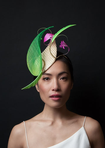 Sculptured Teardrop Headpiece in Gold, Greens and Pinks by Felicity Northeast Millinery