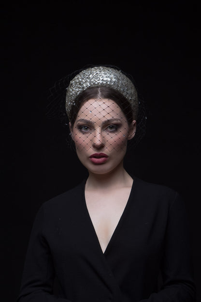 Silver Halo Headband with Diamante Veiling