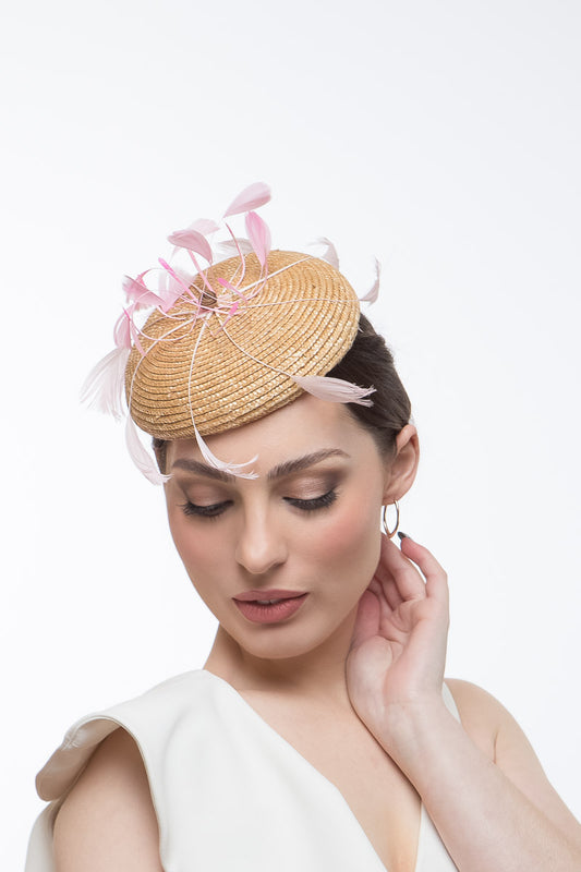  Straw Braid Cocktail Hat with Floating Feathers By Felicity Northeast Millinery