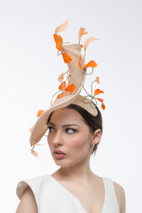 Sweeping Natural Platter with Orange Feathered Bows by Felicity Northeast Milliner