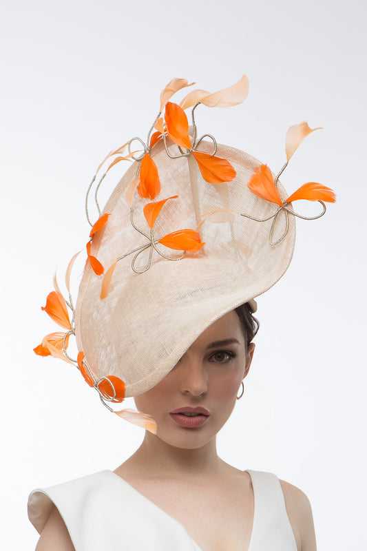 Sweeping Natural Platter with Orange Feathered Bows by Felicity Northeast Milliner