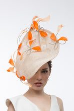 Load image into Gallery viewer, Sweeping Natural Platter with Orange Feathered Bows by Felicity Northeast Milliner