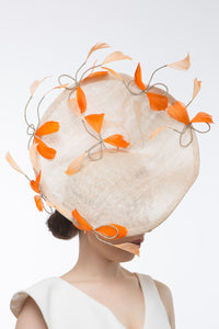 Sweeping Natural Platter with Orange Feathered Bows by Felicity Northeast Milliner