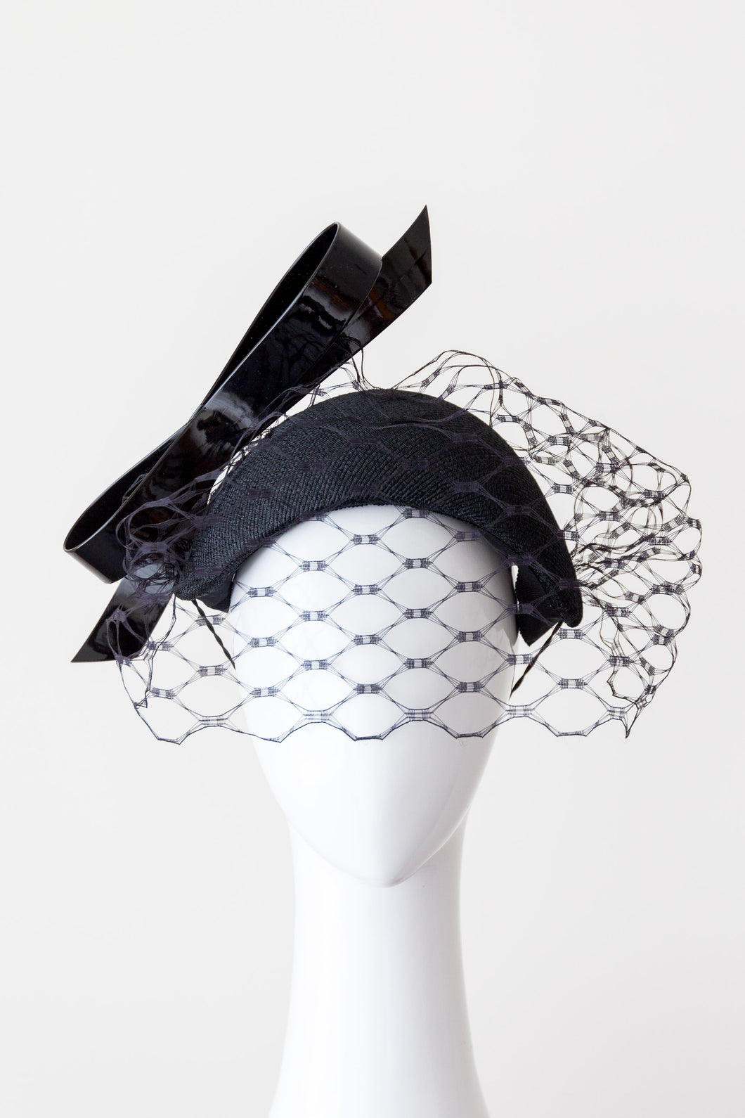 TASHIE- Black veiled headband with patent bow